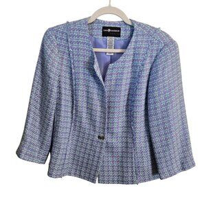 Sag Harbor Blue Tweed Lady Jacket 3/4 Sleeves Subtle Fringe Striped Size 12p